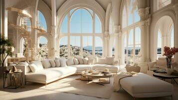 Interior Design Luxurious modern Living room, minimal tall window, Cozy sofa, serene nature scenery, Elegant villa, AI Generative photo
