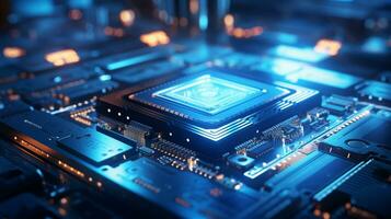 High-tech Computer chip close up shot, production of electronic, circuit board, futuristic design, extreme detail, AI Generative photo