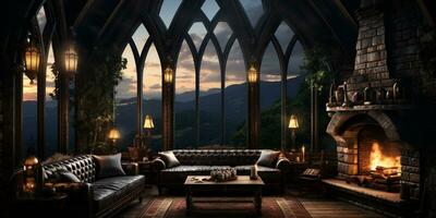 interior diseño, hermosa vivo habitación gótico estilo, lujo mansión, elegante alto ventana, ai generativo foto