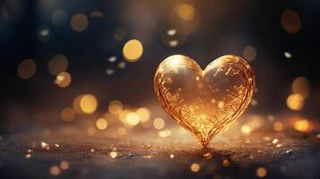 Sparkle Glowing Heart reflected lights, orange and gold, captivating visual, Romantic scenery, dreamy, copy space, greeting card, AI Generative photo