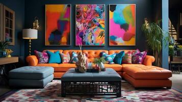 Furnished Modern Living room, bright blue and pink color palette, interior design, AI Generative photo