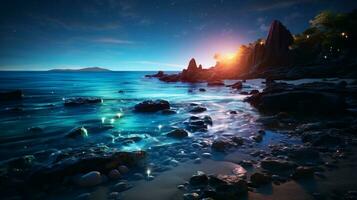 Fantasy seascape, Night view of the ocean, glowing sea, Beautifully starry night sky, dreamy atmosphere, AI Generative photo