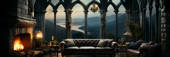 Interior Design, Beautiful Living room Gothic Style, Luxury Mansion, Elegant tall window, AI Generative photo