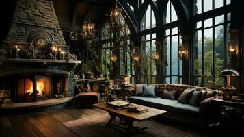 Interior Design, Beautiful Living room Gothic Style, Luxury Mansion, Elegant tall window, AI Generative photo