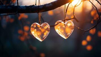 Sparkle Glowing Heart reflected lights, orange and gold, captivating visual, Romantic scenery, dreamy, copy space, greeting card, AI Generative photo