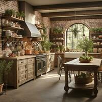 Rustic farmhouse kitchen, stylish spacious cooking area, interior design, AI Generative photo