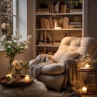 Cozy reading nook plush armchair, bookshelf filled with books of all genres, reading time, elegant interior design, AI Generative photo