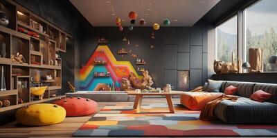 A beautiful Interior design of a colorful kindergarten, educational playroom, kid learning space, nursery, AI Generative photo