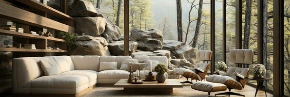 Interior Design, Minimalistic Living room with serene nature view, Beautiful villa design in the forest, AI Generative photo