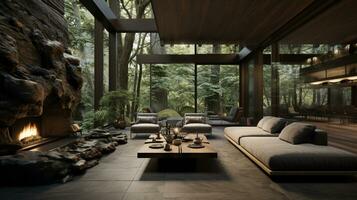 Interior Design, Living room with serene nature view, Beautiful mansion design in the forest, AI Generative photo