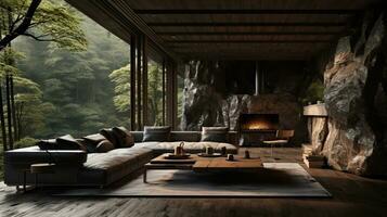 Interior Design, Living room with serene nature view, Beautiful mansion design in the forest, AI Generative photo