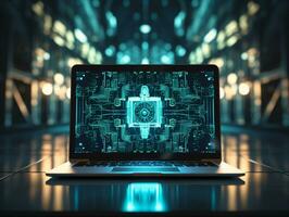 Laptop with cloud computing diagram show on hand. Cloud technology. Data storage. Business technology Cyber Security Firewall, Antivirus Alert Protection, AI Generative photo