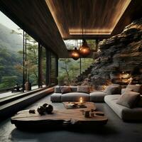 Interior Design, Living room with serene nature view, Beautiful mansion design in the forest, AI Generative photo