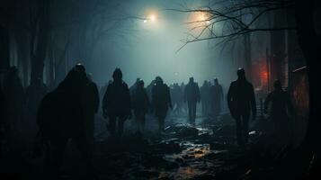 Ghost scenery Halloween background, Zombie Apocalypse, scary haunted cemetery, AI Generative photo