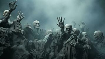 Ghost scenery Halloween background, Zombie Apocalypse, scary haunted cemetery, AI Generative photo