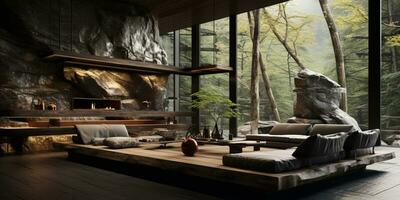 Interior Design, Living room with serene nature view, Beautiful mansion design in the forest, AI Generative photo
