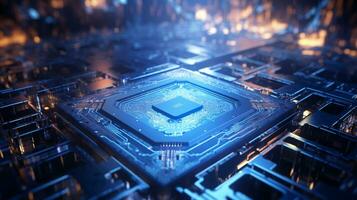 High-tech Computer chip close up shot, production of electronic, circuit board, futuristic design, extreme detail, AI Generative photo