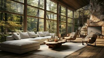 Interior Design, Minimalistic Living room with serene nature view, Beautiful villa design in the forest, AI Generative photo