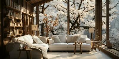 Interior Design, Minimalistic Living room with serene nature view, Beautiful villa design in the forest, AI Generative photo