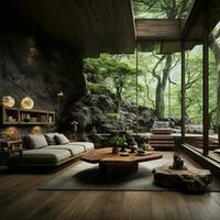 Interior Design, Living room with serene nature view, Beautiful mansion design in the forest, AI Generative photo