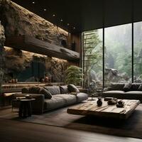 Interior Design, Living room with serene nature view, Beautiful mansion design in the forest, AI Generative photo