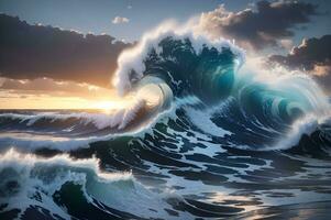 Surf wave on the ocean at sunset. photo