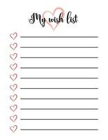 My Wish list cute blank template with hearts. Empty wishlist with copy space for handwriting. Vertical vector illustration US Letter size proportions