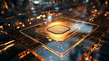 alta tecnología computadora chip cerca arriba disparo, producción de electrónico, circuito junta, futurista diseño, extremo detalle, ai generativo foto