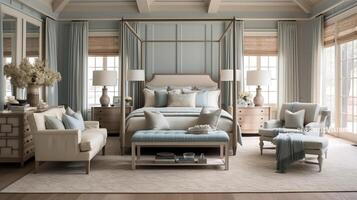 Luxurious furnished master bedroom suite, elegant interior design, modern house design concept, AI Generative photo