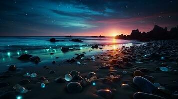 hermosa vaso playa, vistoso guijarros, fantasía marina, soñador atmósfera, ai generativo foto