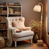 Cozy reading nook plush armchair, bookshelf filled with books of all genres, reading time, elegant interior design, AI Generative photo