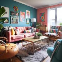 Furnished Modern Living room, bright blue and pink color palette, interior design, AI Generative photo