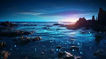 Fantasy seascape, Night view of the ocean, glowing sea, Beautifully starry night sky, dreamy atmosphere, AI Generative photo