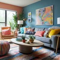 Furnished Modern Living room, bright blue and pink color palette, interior design, AI Generative photo