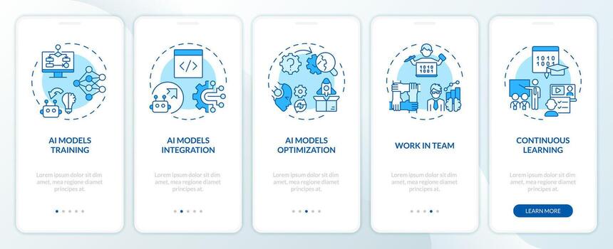 2D icons representing AI engineer mobile app screen set. Walkthrough 5 steps blue graphic instructions with line icons concept, UI, UX, GUI template. vector