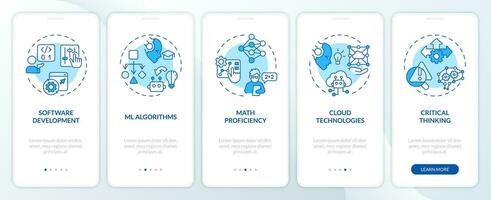 2D blue icons representing AI engineer mobile app screen set. Walkthrough 5 steps graphic instructions with line icons concept, UI, UX, GUI template. vector