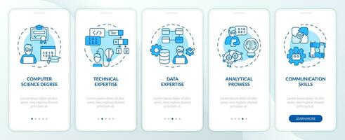 2d azul íconos representando ai ingeniero móvil aplicación pantalla colocar. recorrido 5 5 pasos gráfico instrucciones con lineal íconos concepto, ui, ux, gui modelo. vector