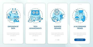 2D icons representing AI engineer mobile app screen set. Walkthrough 4 steps blue graphic instructions with simple thin linear icons concept, UI, UX, GUI template. vector