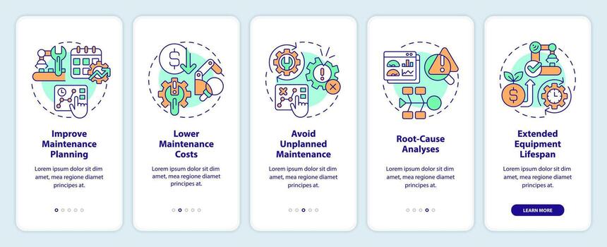 2D colorful icons representing predictive maintenance mobile app screen set. Walkthrough 5 steps graphic instructions with thin line icons concept, UI, UX, GUI template. vector