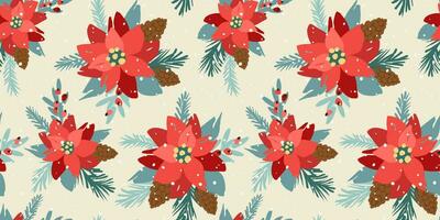Christmas and Happy New Year seamless pattern. Christmas tree, flowers, berries. New Year symbols. Vector design template.