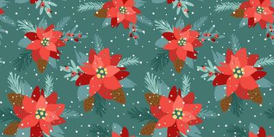 Christmas and Happy New Year seamless pattern. Christmas tree, flowers, berries. New Year symbols. Vector design template.