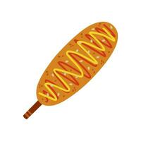 Corn dog vector icon. Delicious deep-fried sausage in dough. Hot snack with ketchup, mustard, sesame. Street fast food. Korean or American cuisine. Illustration isolated on white. Flat cartoon clipart