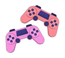 Joysticks two players 2D linear cartoon object. Playing together on gamepads isolated line vector element white background. Competitive video gaming friends devices color flat spot illustration