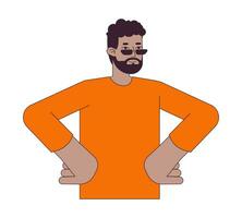 African american guy akimbo standing 2D linear cartoon character. Bearded sunglasses man hands on hips pose isolated line vector person white background. Feeling confident color flat spot illustration