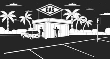 Silhouettes at gas station nighttime black and white lofi wallpaper. People inside convenience store 2D outline cityscape cartoon flat illustration. Parking lot vector line lo fi aesthetic background