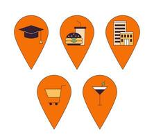 Map pinpoint locations 2D linear cartoon objects set. Education retail entertainment pins destinations isolated line vector elements white background. Markers color flat spot illustration collection