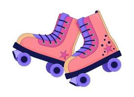 Old fashioned roller skates 80s funky 2D linear cartoon object. Leisure activity 90s accessory isolated line vector element white background. Trendy vintage footwear color flat spot illustration