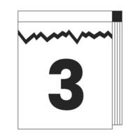 Calender tear-off black and white 2D line cartoon object. Hanging calendar with ripped pages isolated vector outline item. Today 3rd day reminder management monochromatic flat spot illustration