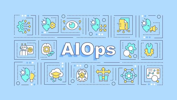 AI ops text with various thin line icons concept on blue monochromatic background, editable 2D vector illustration.