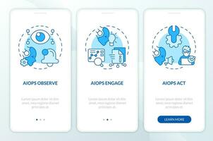 2D icons representing AI ops mobile app screen set. Walkthrough 3 steps blue graphic instructions with linear icons concept, UI, UX, GUI template. vector